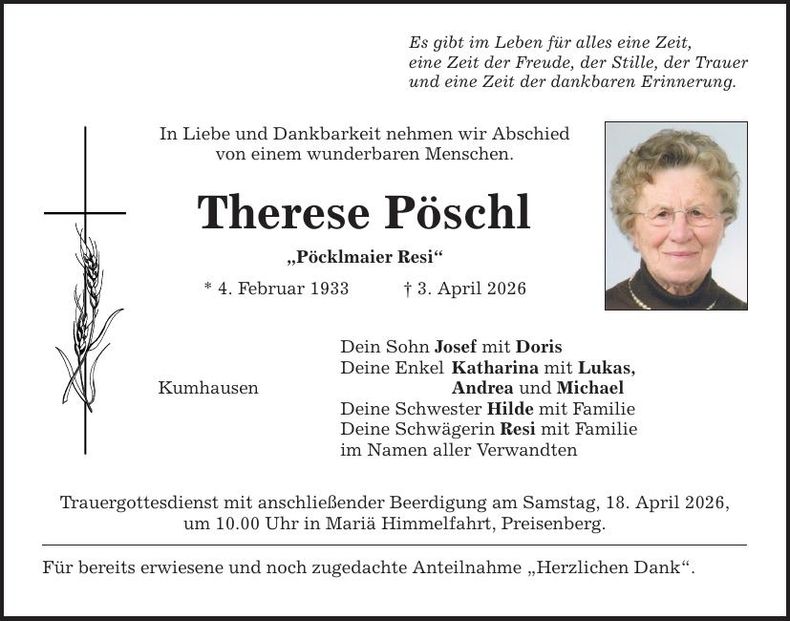 Traueranzeige Therese Pöschl