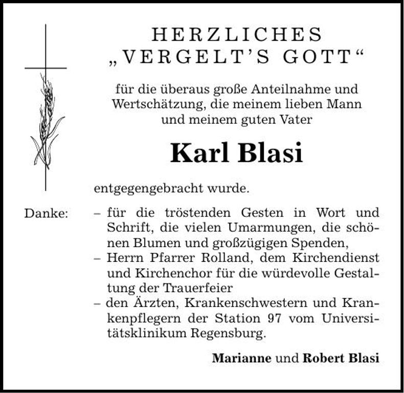 Traueranzeige Karl Blasi