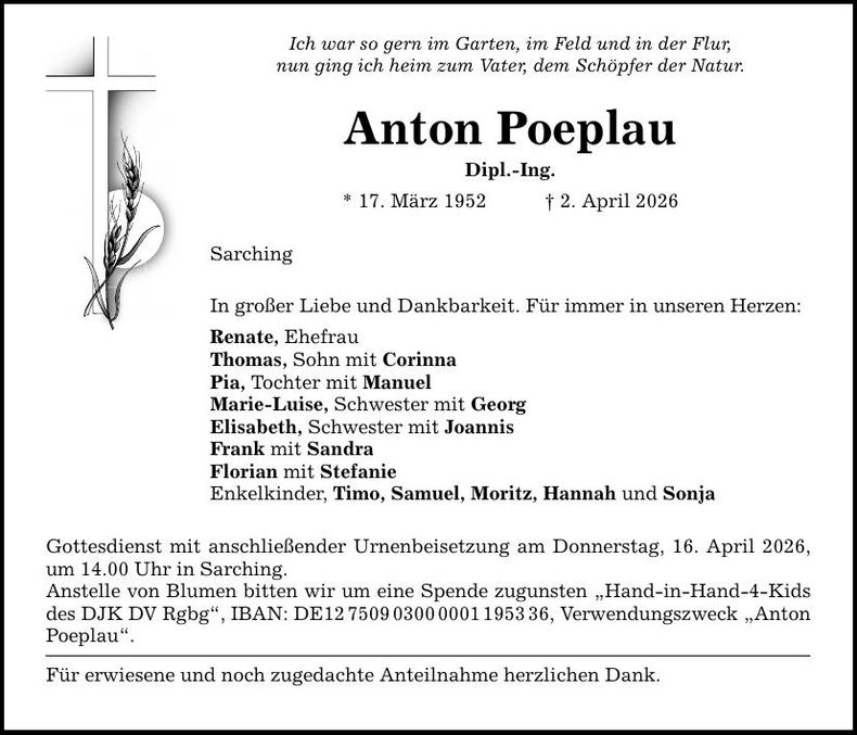 Traueranzeige Anton Poeplau