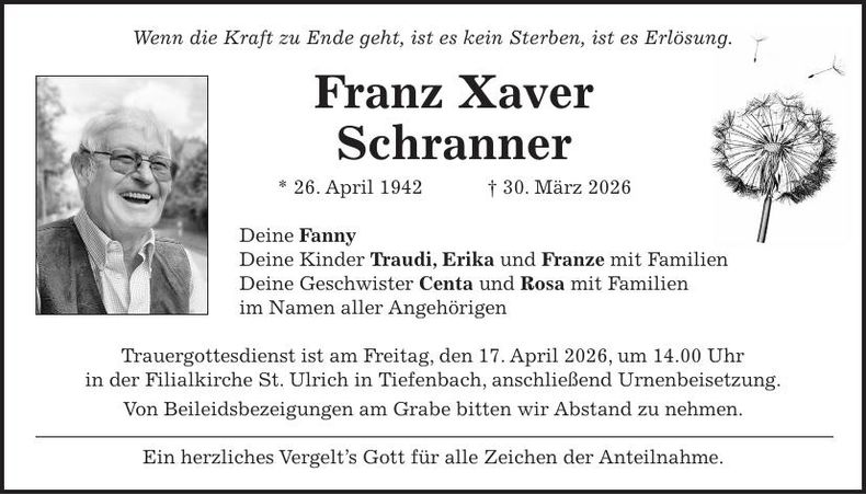 Traueranzeige Franz Xaver Schranner