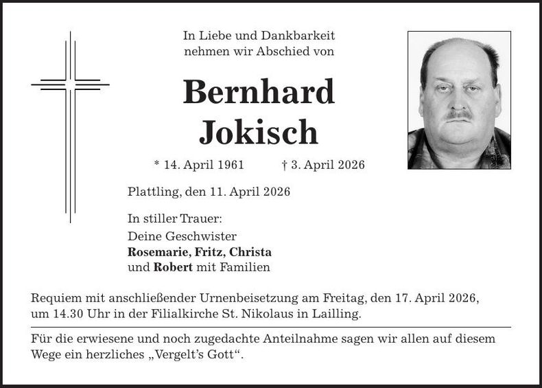 Traueranzeige Bernhard Jokisch