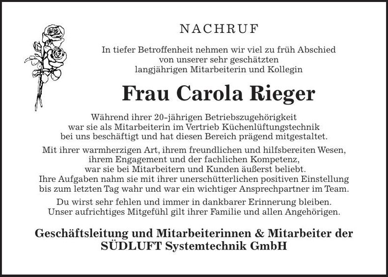 Traueranzeige Carola Rieger