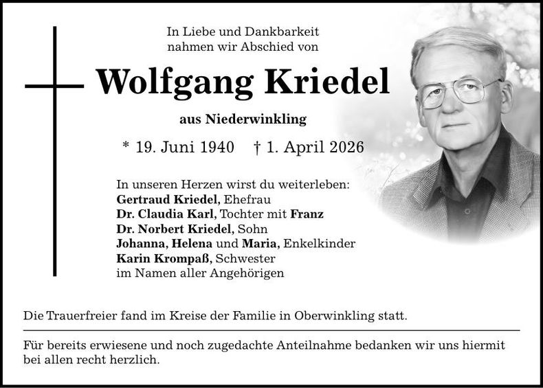 Traueranzeige Wolfgang Kriedel