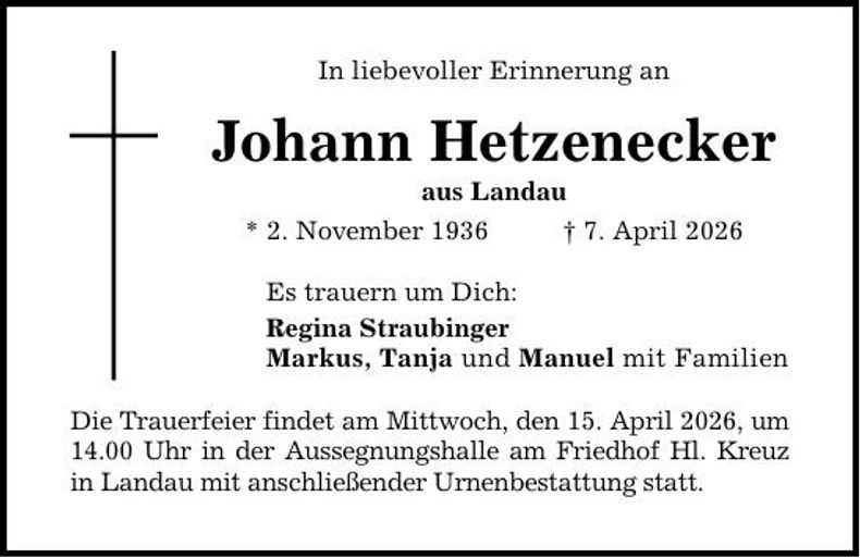Traueranzeige Johann Hetzenecker