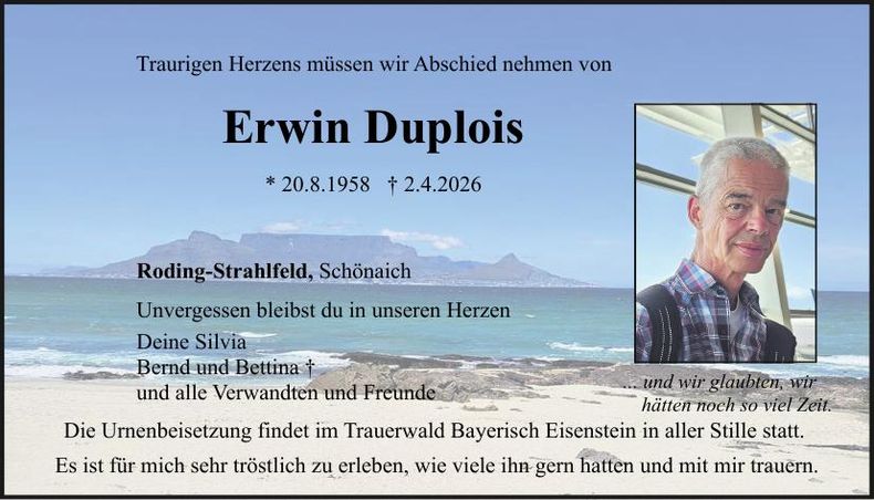 Traueranzeige Erwin Duplois