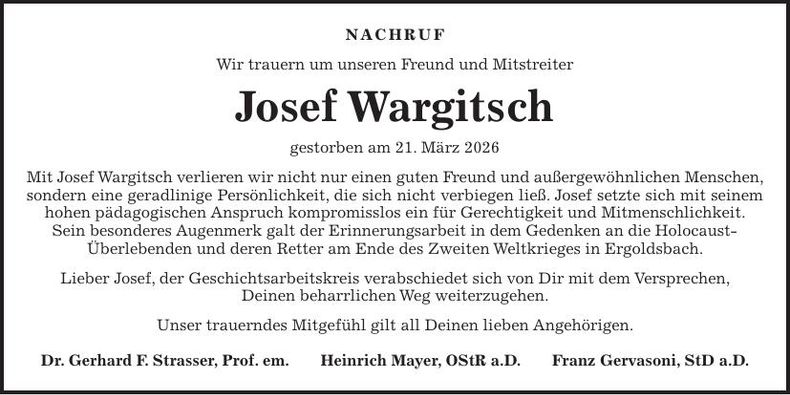 Traueranzeige Josef Wargitsch