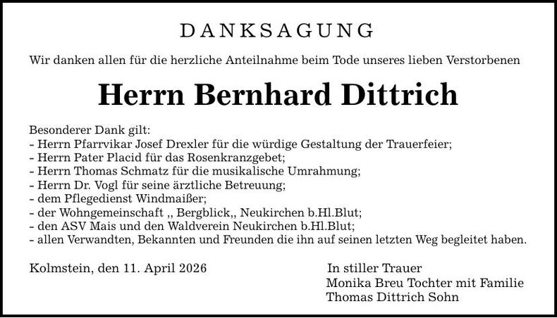 Traueranzeige Bernhard Dittrich