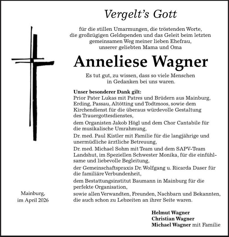 Traueranzeige Anneliese Wagner