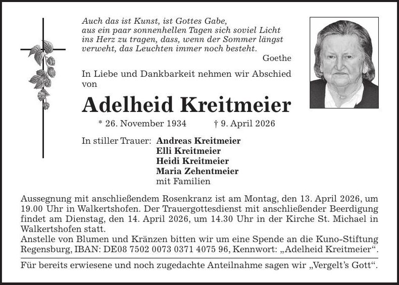 Traueranzeige Adelheid Kreitmeier