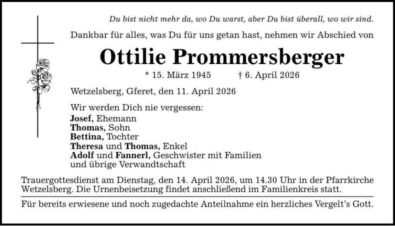 Traueranzeige Ottilie Prommersberger