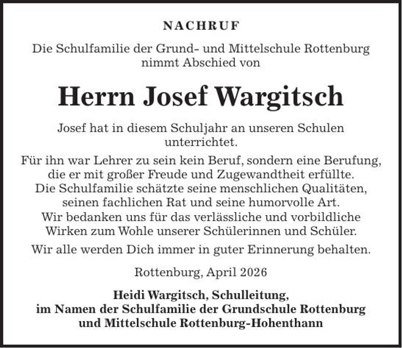 Traueranzeige Josef Wargitsch