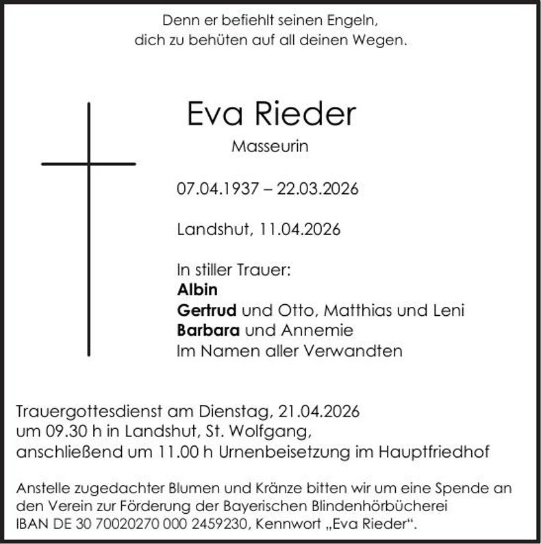 Traueranzeige Eva Rieder