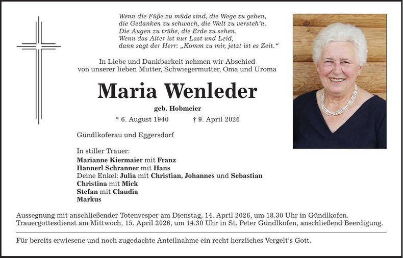 Traueranzeige Maria Wenleder