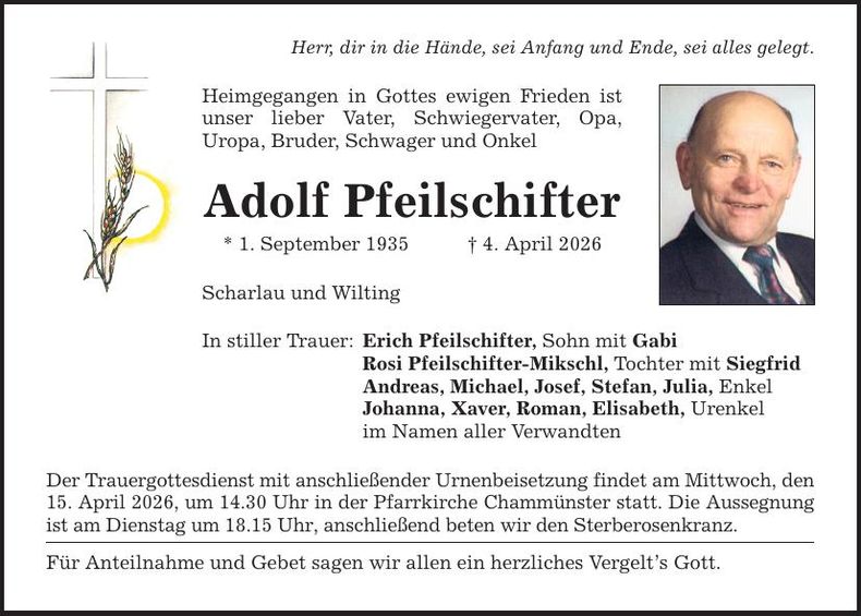 Traueranzeige Adolf Pfeilschifter