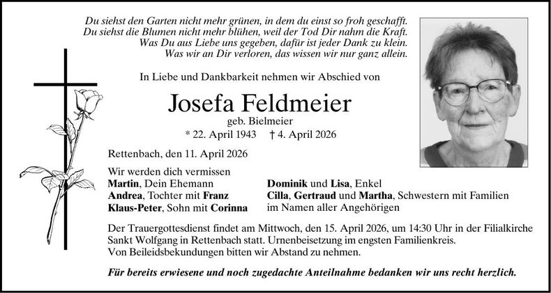 Traueranzeige Josefa Feldmeier