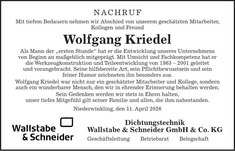 Traueranzeige Wolfgang Kriedel