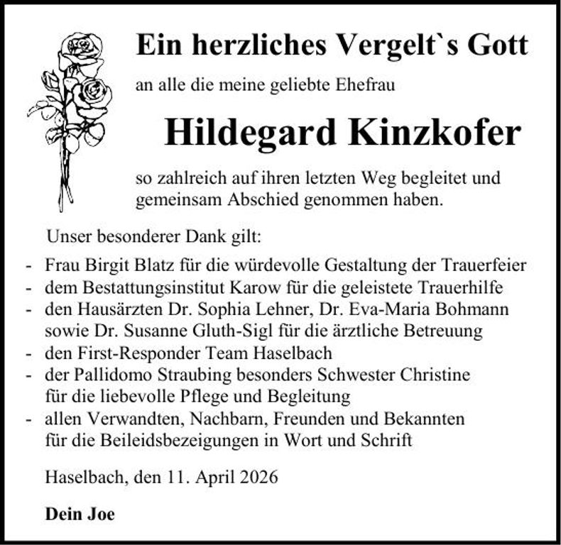 Traueranzeige Hildegard Kinzkofer