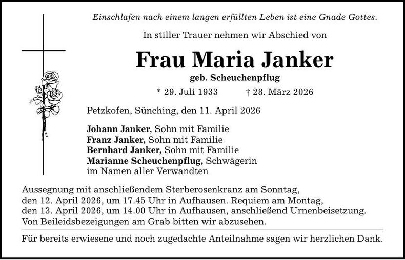 Traueranzeige Maria Janker