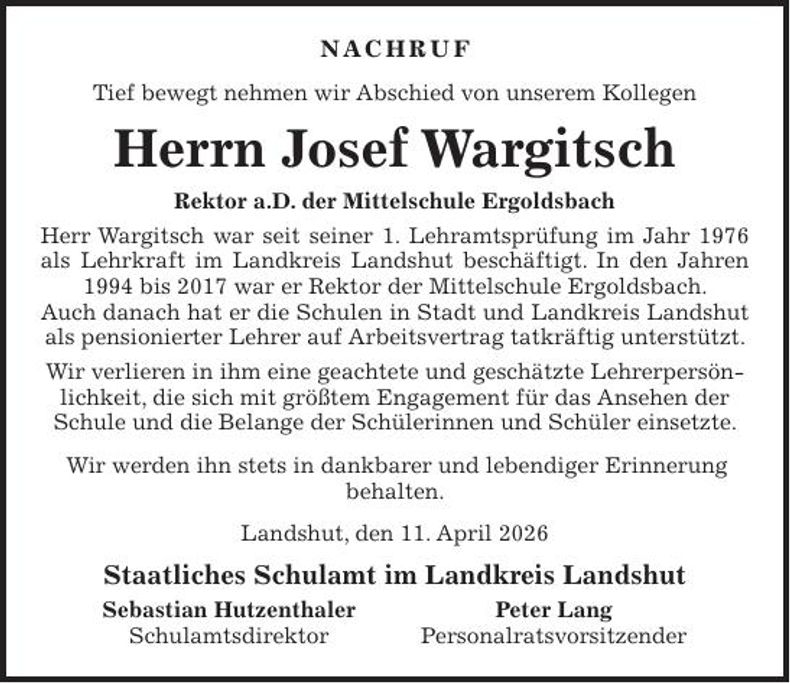 Traueranzeige Josef Wargitsch