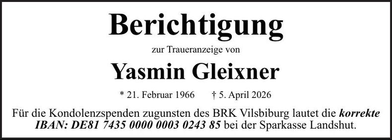 Traueranzeige Yasmin Gleixner