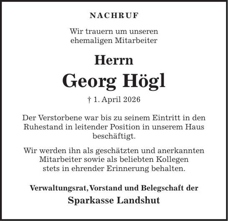 Traueranzeige Georg Högl