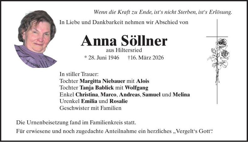 Traueranzeige Anna Söllner
