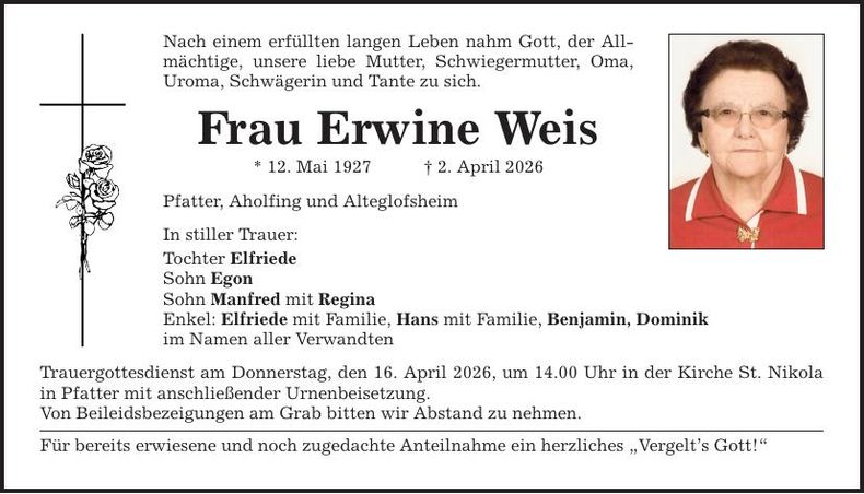 Traueranzeige Erwine Weis