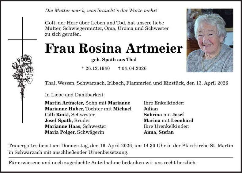 Traueranzeige Rosina Artmeier