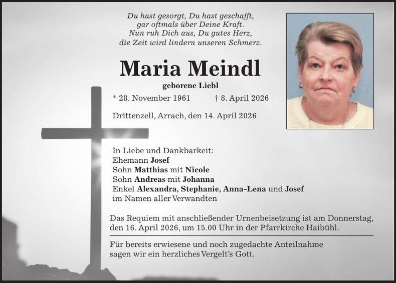 Traueranzeige Maria Meindl