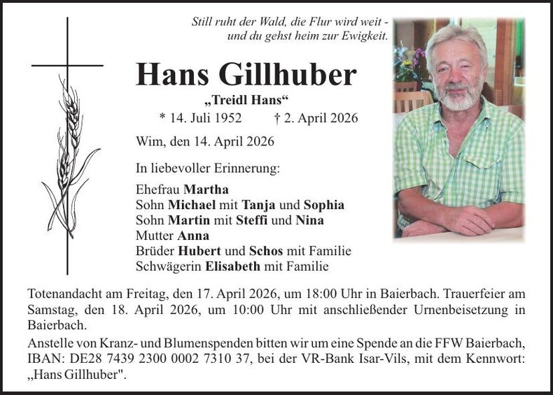 Traueranzeige Hans Gillhuber