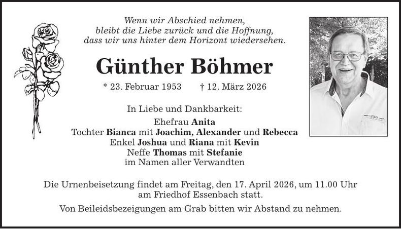 Traueranzeige Günther Böhmer