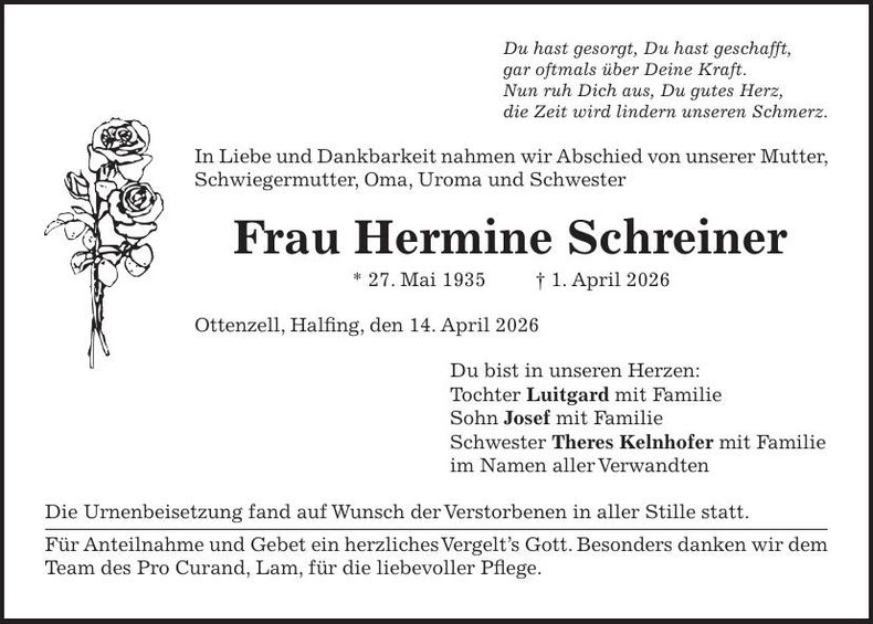 Traueranzeige Hermine Schreiner
