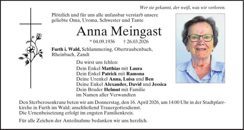 Traueranzeige Anna Meingast