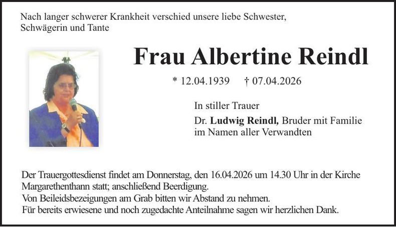 Traueranzeige Albertine Reindl