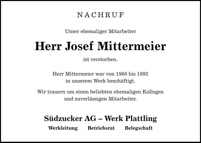 Traueranzeige Josef Mittermeier