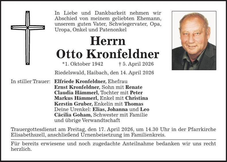 Traueranzeige Otto Kronfeldner