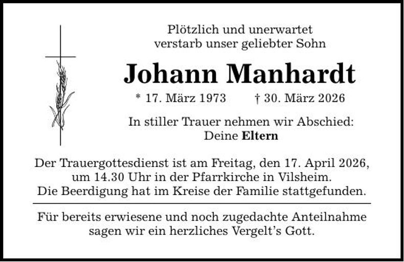 Traueranzeige Johann Manhardt