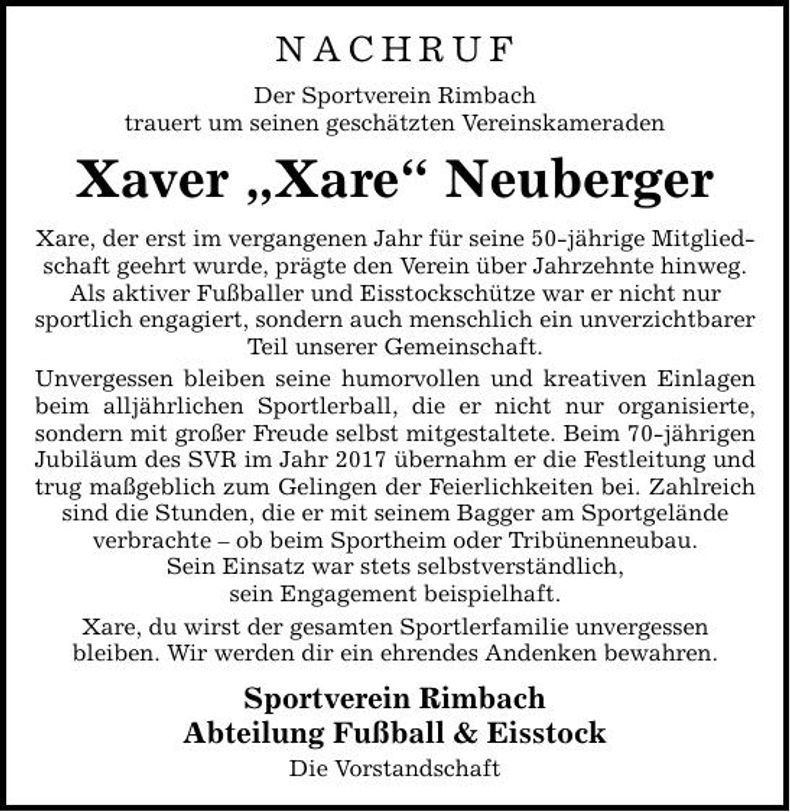 Traueranzeige Xaver Neuberger
