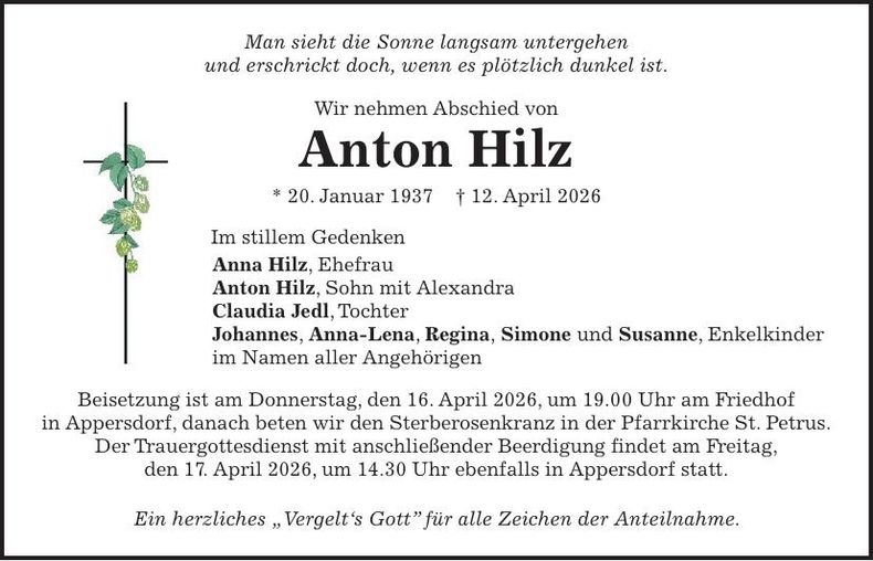 Traueranzeige Anton Hilz