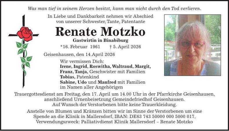 Traueranzeige Renate Motzko