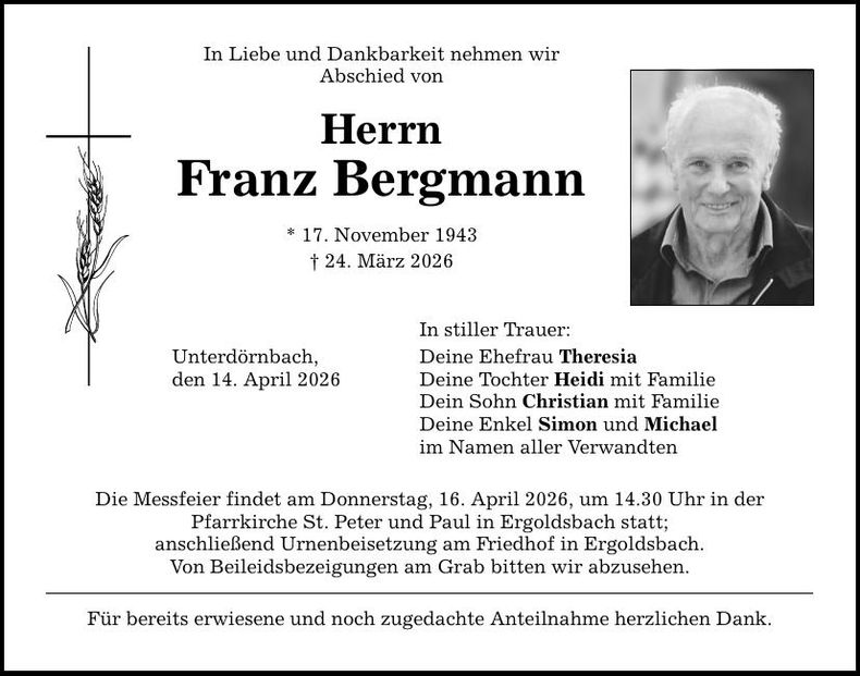Traueranzeige Franz Bergmann