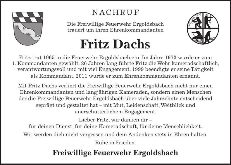 Traueranzeige Fritz Dachs