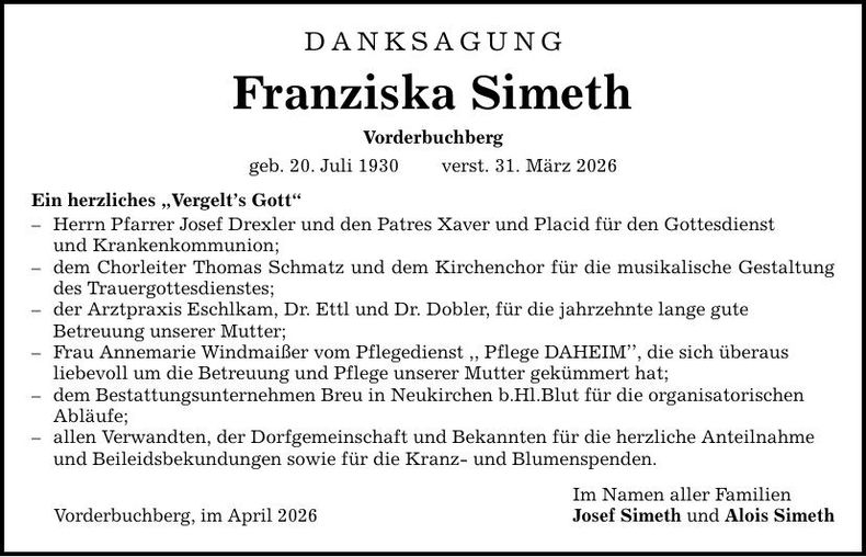 Traueranzeige Franziska Simeth