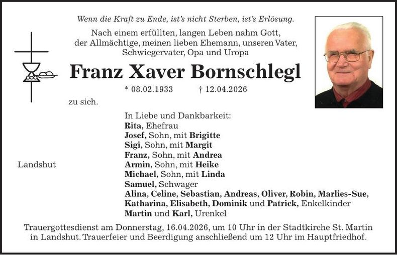 Traueranzeige Franz Xaver Bornschlegl