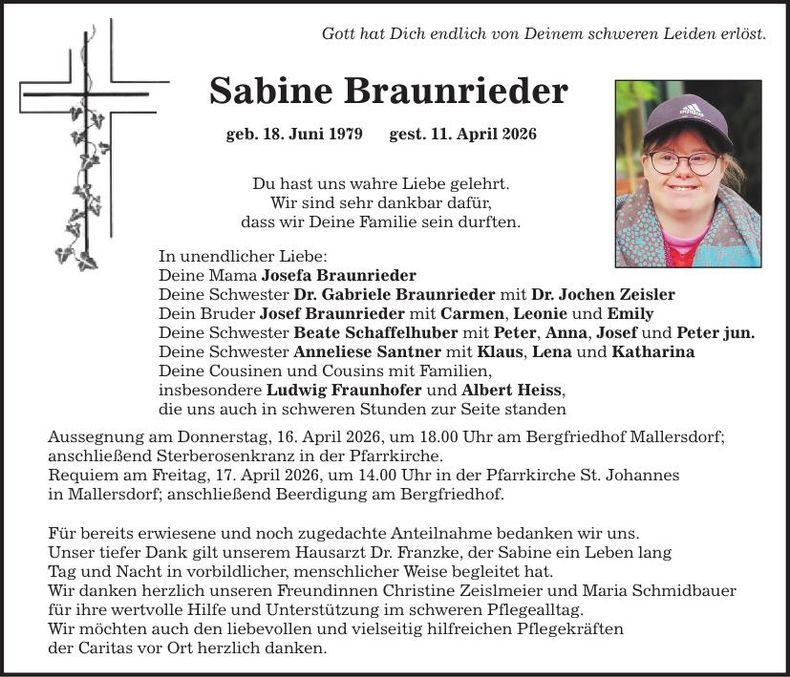 Traueranzeige Sabine Braunrieder