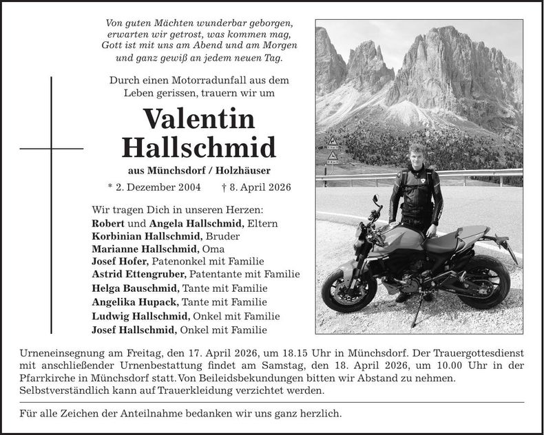 Traueranzeige Valentin Hallschmid