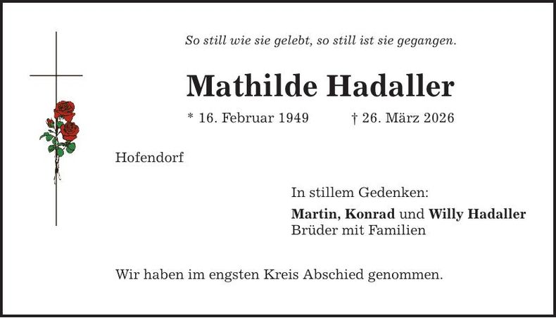 Traueranzeige Konrad Hadaller