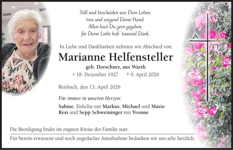 Traueranzeige Marianne Helfensteller