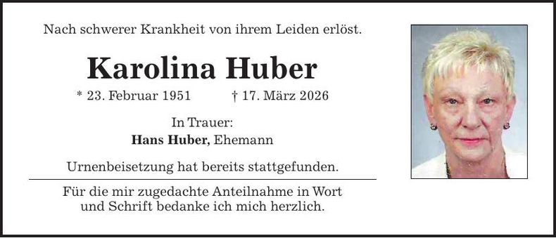 Traueranzeige Karolina Huber 