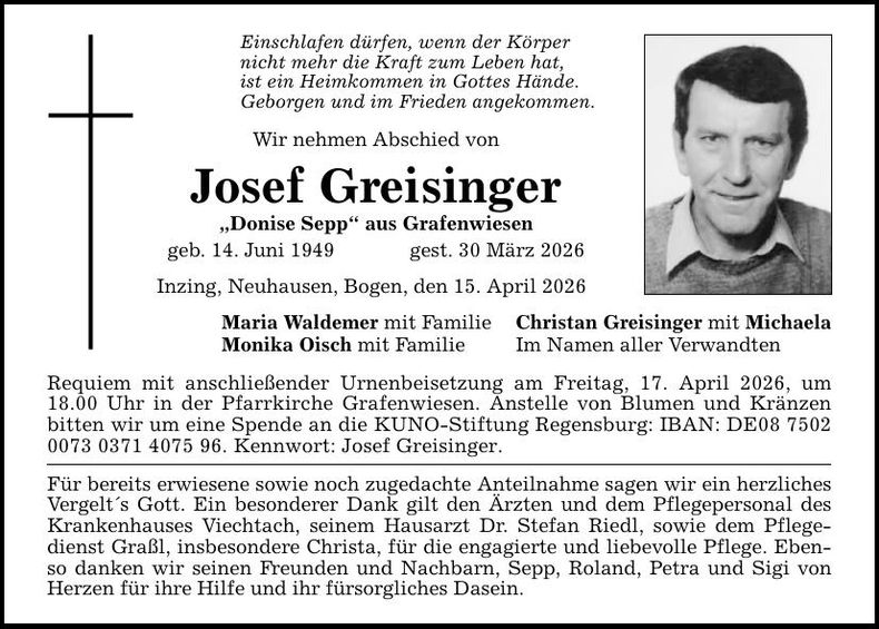 Traueranzeige Josef Greisinger
